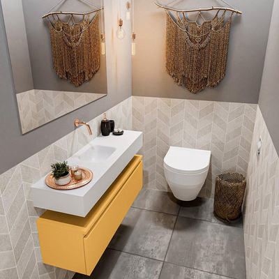 MONDIAZ ANDOR Toiletmeubel - 100x30x30cm - 0 kraangaten - 1 lades - ocher mat - wasbak midden - Solid surface - Wit