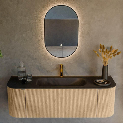 MONDIAZ KURVE Meuble de salle de bains 140 cm avec module 25 Len R couleur Chêne avec 1 tiroir et 2 portes. Lavabo BIG SMALL central 1 trou de robinet Urban.