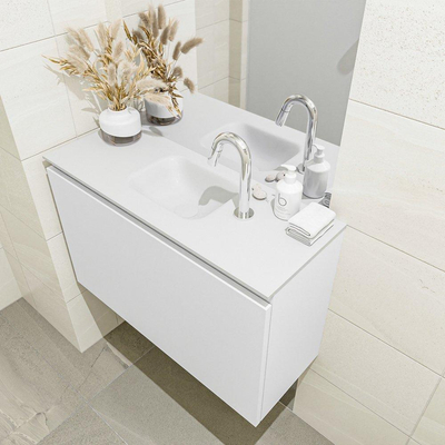 MONDIAZ OLAN Fonteinset - 80x30x40cm - 1 kraangat - 1 lade - talc mat - wasbak midden - Solid Surface Wit