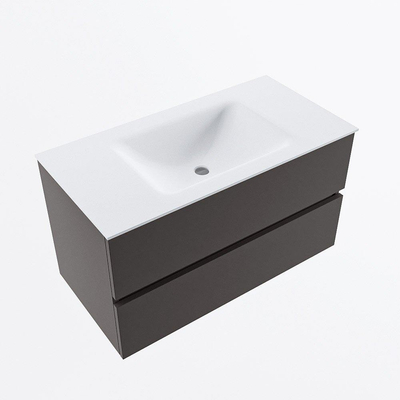 Mondiaz VICA Ensemble de meuble de salle de bain - 90cm - meuble sous-vasque gris foncé - 2 tiroirs - lavabo cloud milieu - sans trous de robinet - version haute de 60cm - talc