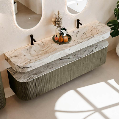 MONDIAZ THOR-DLUX Meuble de salle de bains 190cm arrondi gauche + droite couleur Shadow avec 2 tiroirs et 2 portes. Vasque suspendue CLOUD Double 2 trous de robinet couleur Glace.