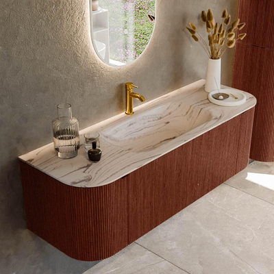 MONDIAZ KURVE-DLUX 140cm badmeubel ronding Links + Rechts kleur Ruby met 1 lade en 2 deuren. Wastafel BIG SMALL Midden 1 kraangat Nata.