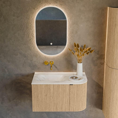 MONDIAZ KURVE-DLUX Meuble de salle de bains 75cm avec module 25 R couleur Oak avec 1 tiroir et 1 porte. Lavabo GRUNNE à gauche sans trou de robinet couleur Ostra.