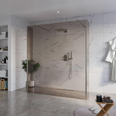 FugaFlow Eccelente Vetro Douche à l'italienne libre - 180x200cm - Verre fumé - anti-calcaire - verre de sécurité 8mm - 2 parois latérales 30cm - avec bras muraux et profils d'angle - Gunmetal -