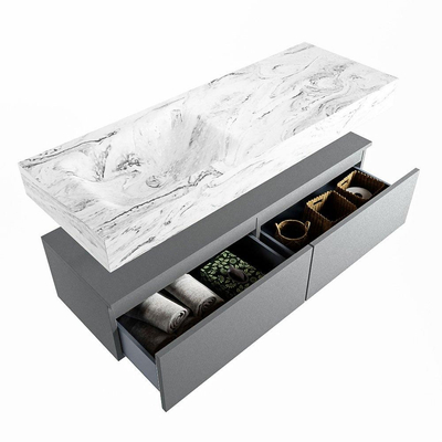 Mondiaz ALAN-DLUX Ensemble de meuble - 130cm - meuble Plata mat - 2 tiroirs - Lavabo Cloud Glace suspendu - vasque Gauche - 0 trous de robinet