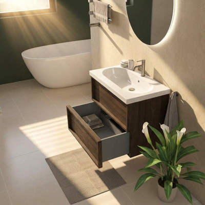 Saniclass Holz Frame Ensemble meuble de salle de bains - 80x45x63.5cm - lavabo en céramique Palermo blanc - 1 vasque - 1 trou de robinet - 2 tiroirs - chêne charcoal mat (bois)