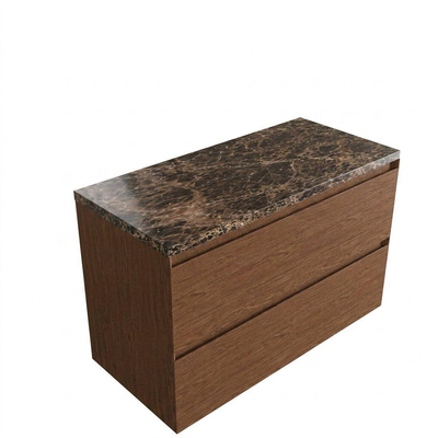 Saniclass Holz Pure Ensemble de meubles de salle de bains - 100x45x63cm - Plan en pierre naturelle Noche dark emperador - sans trou de robinetterie - 2 tiroirs - noyer pure mat (bois)