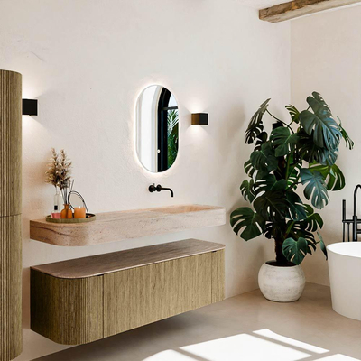 MONDIAZ THOR-DLUX 150cm meuble de salle de bains arrondi gauche + droite couleur Dusk avec 1 tiroir et 2 portes. Vasque suspendue CLOUD Droite sans trou de robinet couleur Saba.