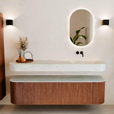 MONDIAZ THOR-DLUX Meuble de salle de bains - 170cm - arrondi gauche + droite - couleur Ruby - 1 tiroir - 2 portes - Vasque suspendue CLOUD Droite sans trou de robinet - couleur Opalo