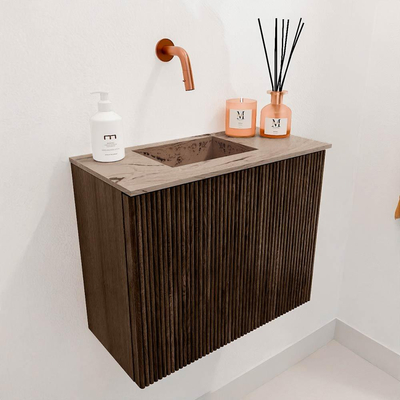 Mondiaz JOYA-DLUX 50cm toiletmeubel - kleur Walnut - Wastafel FAYE positie Links Zonder kraangat kleur Arena.