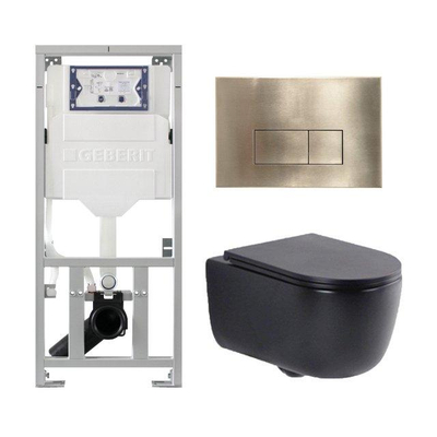 QeramiQ Dely Swirl Toiletset - 36.3x51.7cm - Geberit UP320 inbouwreservoir - met Burda frame - slim zitting - geborsteld messing bedieningsplaat - rechthoekige knoppen - mat zwart