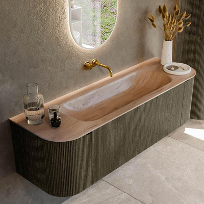 MONDIAZ KURVE-DLUX Meuble de salle de bains 150cm arrondi Gauche + Droite couleur Shadow avec 1 tiroir et 2 portes. Plan-vasque BIG MEDIUM Centre sans trou de robinet Saba.