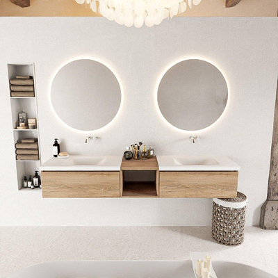 Mondiaz bukla ensemble de meubles de bain 200x45x34cm 0 robinetterie 2 lavabos surface solide talc sans poignée 2 tiroirs avec fermeture douce mélamine chêne lavé