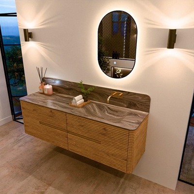 Mondiaz CIRO-DLUX Ensemble de meubles de salle de bains - 160x45x50cm - Plan vasque solid surface Sombra - 1 vasque à droite - sans trous de robinet - 4 tiroirs - Chêne