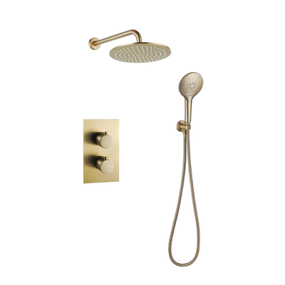 Fortifura Calvi Ensemble de douche de pluie encastré - thermostatique - bras mural - pomme de tête 25 cm - douchette à main ronde - flexible de douche lisse - Laiton brossé PVD (Or)