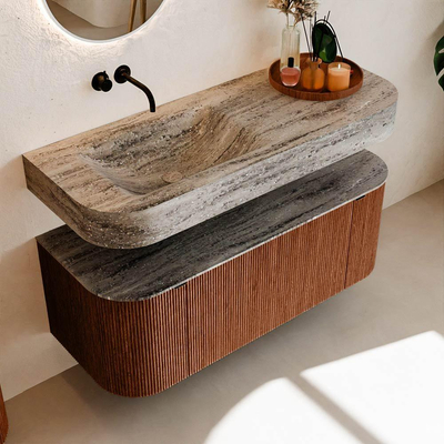 MONDIAZ THOR-DLUX Meuble de salle de bains 120cm arrondi gauche + droite couleur Ruby avec 1 tiroir et 2 portes. Vasque suspendue CLOUD Gauche sans trou de robinet couleur Oza.