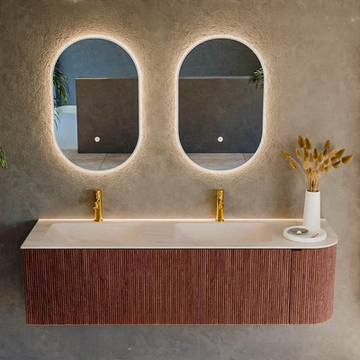 MONDIAZ KURVE-DLUX 155cm badmeubel ronding Rechts kleur Ruby met 2 lades en 1 deur. Wastafel LEAF Dubbel / Links 2 kraangaten Meli.