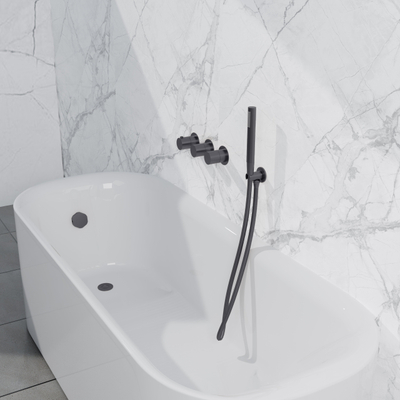 Fortifura Nebbio Badcombinatie-set - thermostaatkraan - wandaansluitbocht - met handdouchehouder - metalen doucheslang - staaf handdouche - badvulcombinatie - PVD - geborsteld gunmetal (antraciet)