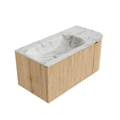 MONDIAZ KURVE-DLUX Meuble de salle de bains 95 cm avec module 25 R couleur Oak avec 1 tiroir et 1 porte. Lavabo BIG SMALL gauche sans trou de robinet couleur Glace.