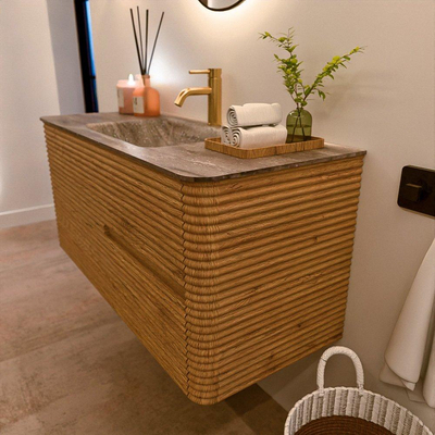Mondiaz CIRO-DLUX Meuble de salle de bains - 110x45x50cm - Vasque solid surface Oza - 1 lavabo au centre - 1 trou de robinet - 2 tiroirs - Chêne