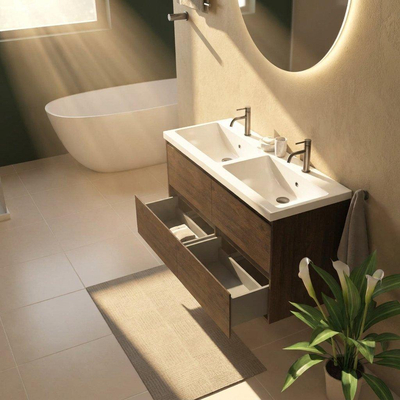 Saniclass Holz Pure Ensemble de meubles de salle de bains - 120x45x63.5cm - Lavabo Bari en céramique blanc - 2 vasques - 2 trous de robinet - 4 tiroirs - chêne charcoal mat (bois)