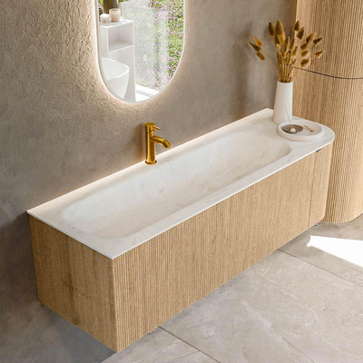 MONDIAZ KURVE-DLUX meuble de salle de bains 145 cm avec module 25 R couleur Oak avec 1 tiroir et 1 porte. Lavabo BIG LARGE gauche 1 trou de robinet couleur Opalo.