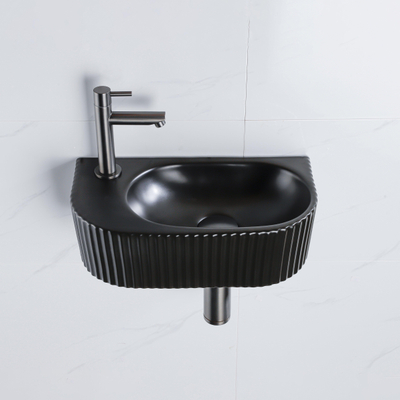 QeramiQ Fuente Ensemble de lavabo - 40x21.5x12cm - gauche - nervuré - demi-rond - 1 trou de robinet - céramique - robinet de lavabo gunmetal - bouchon de vidage - siphon abaissé - noir mat