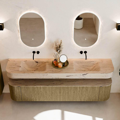 MONDIAZ THOR-DLUX Meuble de salle de bains - 200cm - arrondi gauche + droite - couleur Dusk - 2 tiroirs et 2 portes - Vasque suspendue CLOUD Double sans trou de robinet - couleur Arena