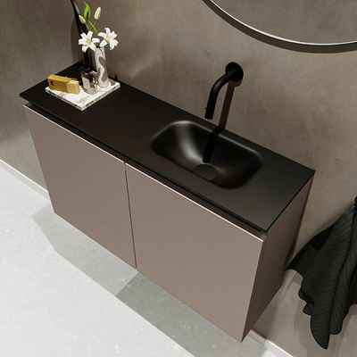 MONDIAZ TURE Ensemble de lavabo - 80x23x50cm - 0 trous de robinet - 2 portes - fumée mat - Lavabo à droite - Solid Surface Noir MODÈLE D'EXPOSITION