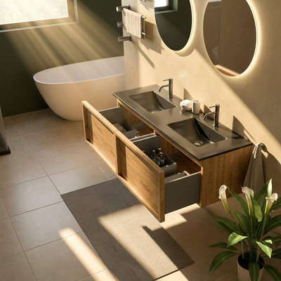 Saniclass Holz Frame Ensemble meuble de salle de bains - 140x45x42cm - lavabo Vygo en céramique noir - 2 vasques - 2 trous de robinetterie - 2 tiroirs - chêne natural mat (bois)
