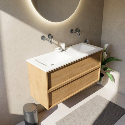 Saniclass Holz Frame Ensemble meuble de salle de bains - 120x45x77.5cm - lavabo Torino en solid surface blanc - sans trou de robinet - 2 tiroirs - chêne natural mat (bois)