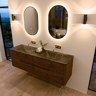 Mondiaz CIRO-DLUX Badkamermeubelset - 160x45x50cm - Solid surface wastafel Lava - 2 wasbak Dubbel - zonder kraangaten - 4 lades - Dusk