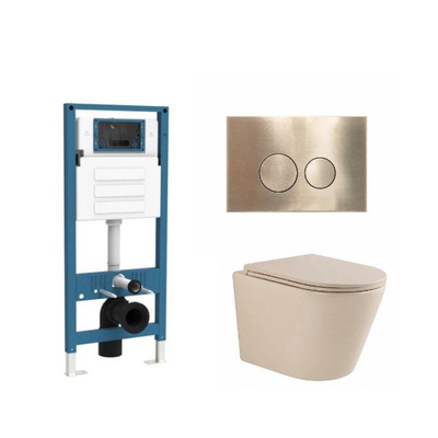 QeramiQ Dely Ensemble WC - réservoir encastré Qeramiq Flush - abattant slim - plaque de commande en métal laiton brossé - boutons ronds - beige