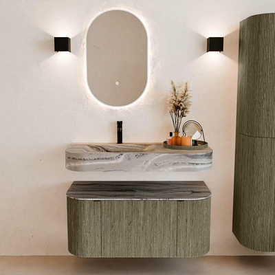 MONDIAZ THOR-DLUX 100cm meuble de salle de bains arrondi gauche + droite couleur Shadow avec 1 tiroir et 2 portes. Vasque suspendue CLOUD Gauche 1 trou de robinet couleur Sombra.