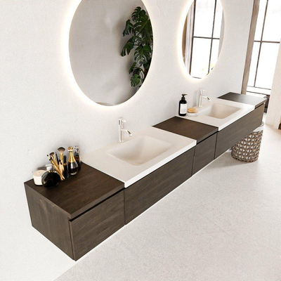 MONDIAZ BUKLA 280cm ensemble de meuble avec module 40 couleur Marron Foncé avec 5 tiroirs. Lavabo CLOUD double 2 trous de robinet couleur Talc.