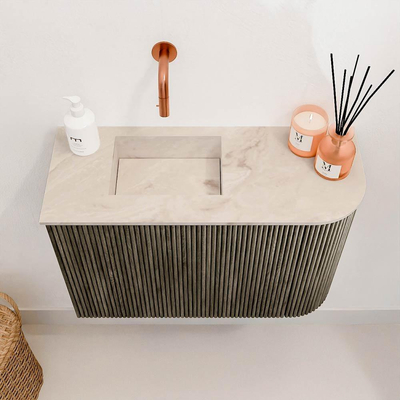 Mondiaz JOYA-DLUX 61.6cm toiletmeubel - ronding rechts kleur Shadow - Wastafel FAYE positie Links Zonder kraangat kleur Frappe.