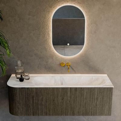 Mondiaz KURVE-DLUX Ensemble de meuble salle de bain - 135x46x40cm - 1 tiroir - 1 porte - lavabo en solid surface - droite - sans trou de robinet - Shadow