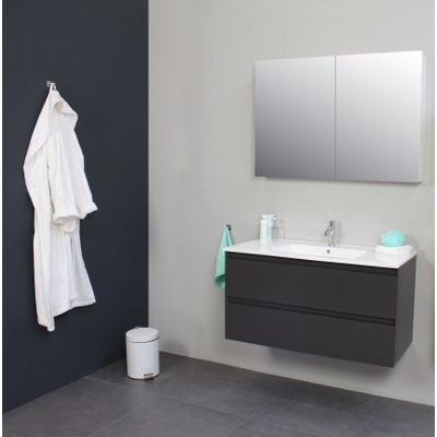 Basic Line Bella Badkamermeubelset - 100x55x46cm - 1 wasbak - Keramiek - Wit - 1 kraangat - Spiegelkast zonder verlichting - Spaanderplaat met Melamine Antraciet mat