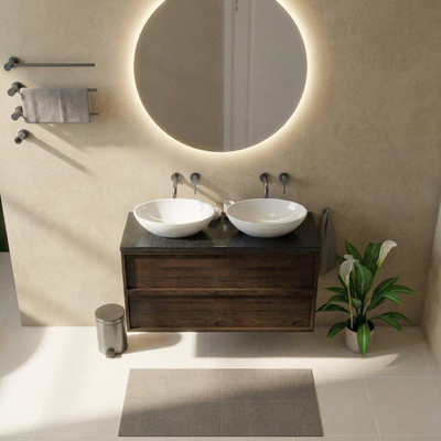 Saniclass Holz Frame Ensemble de meubles de salle de bains - 120x45x63cm - vasque en basalte Noche polie - 1 vasque - sans trou de robinet - 2 tiroirs - chêne charcoal mat (bois)
