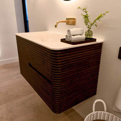 Mondiaz CIRO-DLUX Badkamermeubelset - 90x45x50cm - Solid surface wastafel Meli - 1 wasbak Midden - zonder kraangaten - 2 lades - Walnut