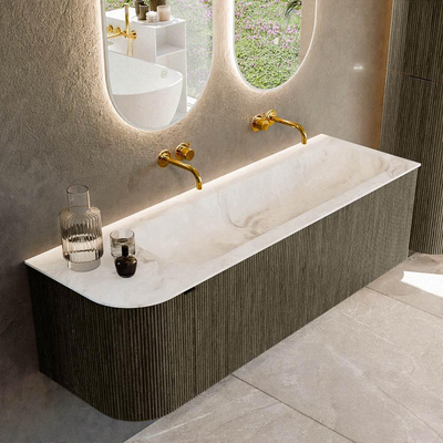 Mondiaz KURVE-DLUX Ensemble de meuble de salle de bains - 145x46x40cm - 1 tiroir - 1 porte - lavabo solid surface - droite - sans trou de robinet - Shadow