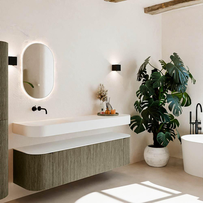 MONDIAZ THOR 170cm meuble de salle de bains arrondi gauche + droite couleur Shadow avec 1 tiroir et 2 portes. Vasque suspendue CLOUD Gauche sans trou de robinet couleur Talc.