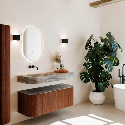 MONDIAZ THOR-DLUX Meuble de salle de bains 120cm arrondi gauche + droite couleur Ruby avec 1 tiroir et 2 portes. Vasque suspendue CLOUD Gauche sans trou de robinet couleur Oza.