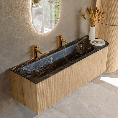 MONDIAZ KURVE-DLUX 145cm badmeubel met module 25 R kleur Oak met 1 lade en 1 deur. Wastafel BIG LARGE links 2 kraangaten kleur Lava.