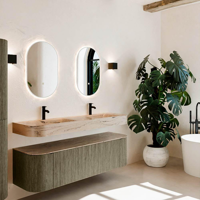 MONDIAZ THOR-DLUX 160cm meuble de salle de bains arrondi gauche + droite couleur Shadow avec 1 tiroir et 2 portes. Vasque suspendue CLOUD Double 2 trous de robinet couleur Arena.