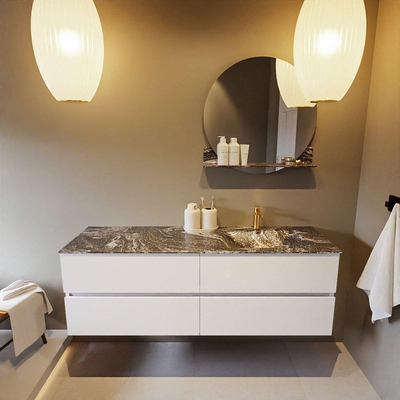 Mondiaz VICA-DLUX ensemble de meuble de salle de bain - 150cm - meuble sous-vasque talc - 4 tiroirs - lavabo encastré cloud droite - 1 trou de robinet - miroir modèle spot - version XL 60cm haut - lave