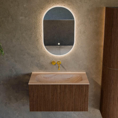 MONDIAZ KURVE-DLUX 80cm badmeubel kleur Walnut met 1 lade en 0 deuren. Wastafel BIG SMALL Midden zonder kraangat Saba.