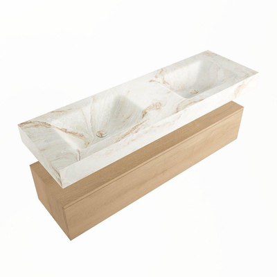 Mondiaz ALAN-DLUX Ensemble de meuble - 150cm - meuble Washed Oak mat - 1 tiroir - Lavabo Cloud Frappe suspendu - vasque Gauche et droite - 2 trous de robinet