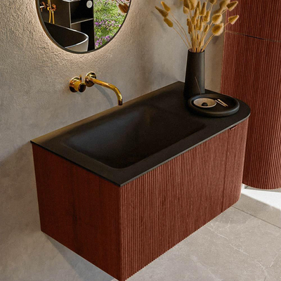 Mondiaz KURVE Ensemble de meuble de salle de bains - 85x46x40cm - 1 tiroir - 1 porte - lavabo solid surface - gauche - sans trou de robinet - Ruby
