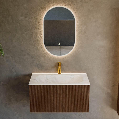 MONDIAZ KURVE-DLUX 80cm badmeubel kleur Walnut met 1 lade. Wastafel BIG SMALL midden 1 kraangat kleur Ostra.